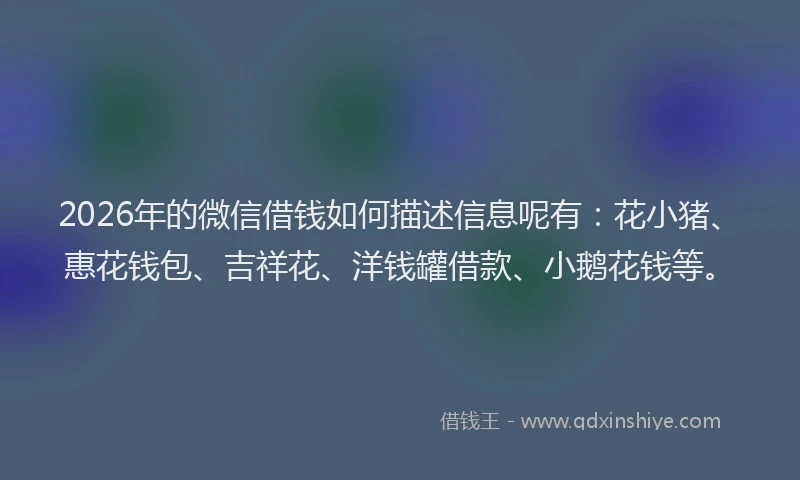 2026年的微信借钱如何描述信息呢有：花小猪、惠花钱包、吉祥花、洋钱罐借款、小鹅花钱等。