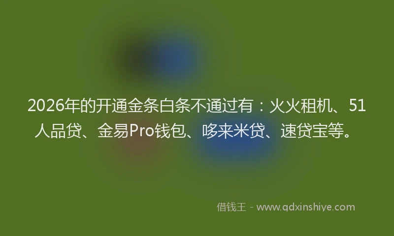 2026年的开通金条白条不通过有：火火租机、51人品贷、金易Pro钱包、哆来米贷、速贷宝等。