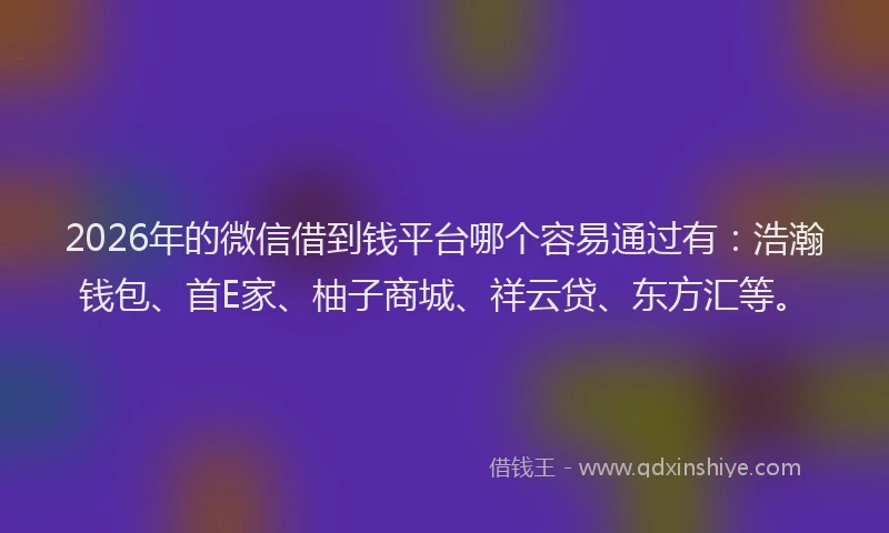 2026年的微信借到钱平台哪个容易通过有：浩瀚钱包、首E家、柚子商城、祥云贷、东方汇等。