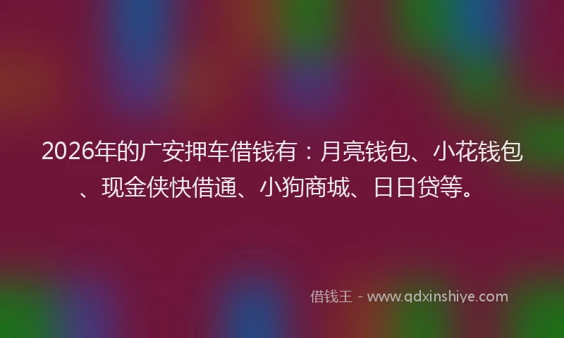 2026年的广安押车借钱有：月亮钱包、小花钱包、现金侠快借通、小狗商城、日日贷等。