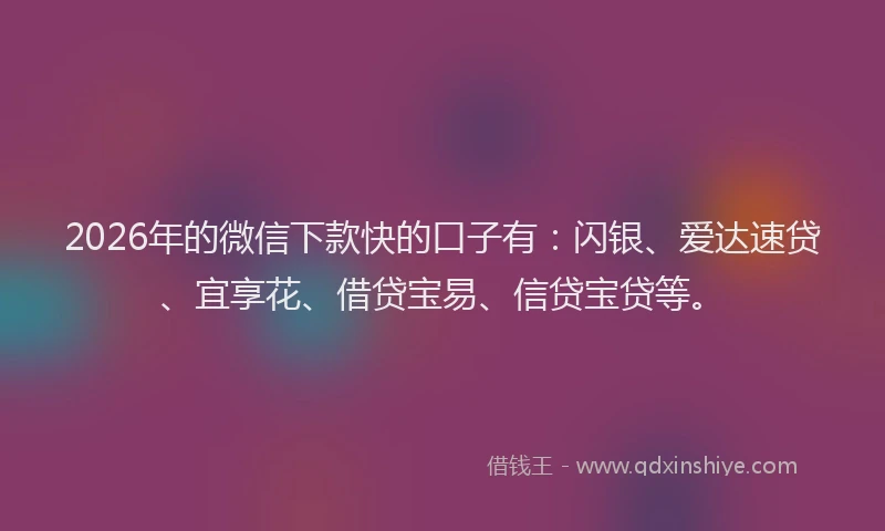 2026年的微信下款快的口子有：闪银、爱达速贷、宜享花、借贷宝易、信贷宝贷等。