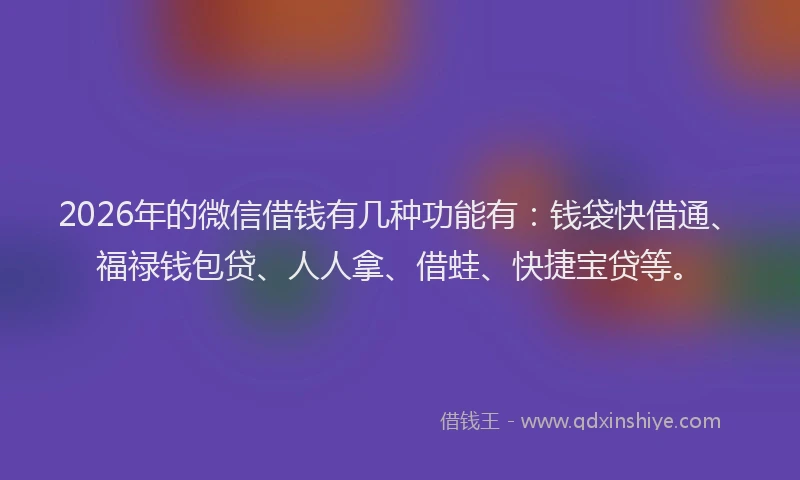 2026年的微信借钱有几种功能有：钱袋快借通、福禄钱包贷、人人拿、借蛙、快捷宝贷等。