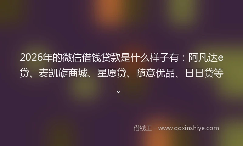 2026年的微信借钱贷款是什么样子有：阿凡达e贷、麦凯旋商城、星愿贷、随意优品、日日贷等。