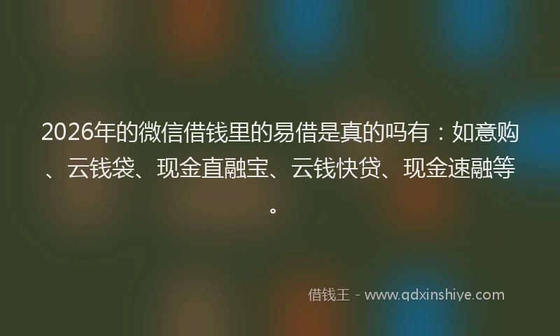 2026年的微信借钱里的易借是真的吗有：如意购、云钱袋、现金直融宝、云钱快贷、现金速融等。