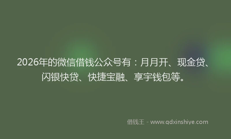 2026年的微信借钱公众号有：月月开、现金贷、闪银快贷、快捷宝融、享宇钱包等。