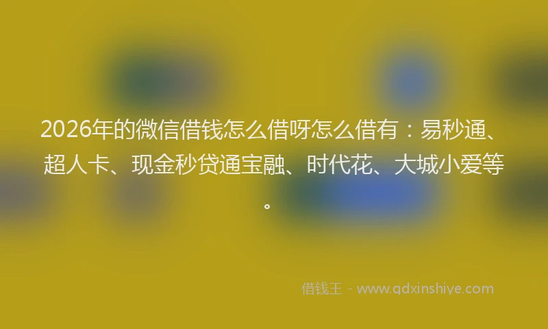 2026年的微信借钱怎么借呀怎么借有：易秒通、超人卡、现金秒贷通宝融、时代花、大城小爱等。