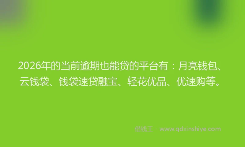 2026年的当前逾期也能贷的平台有：月亮钱包、云钱袋、钱袋速贷融宝、轻花优品、优速购等。