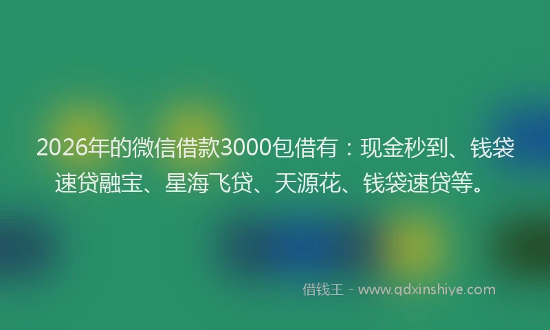 2026年的微信借款3000包借有：现金秒到、钱袋速贷融宝、星海飞贷、天源花、钱袋速贷等。