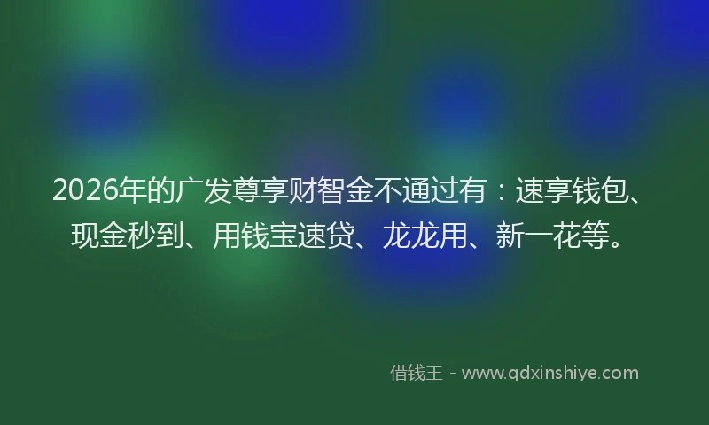 2026年的广发尊享财智金不通过有：速享钱包、现金秒到、用钱宝速贷、龙龙用、新一花等。