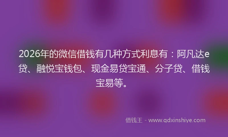 2026年的微信借钱有几种方式利息有：阿凡达e贷、融悦宝钱包、现金易贷宝通、分子贷、借钱宝易等。