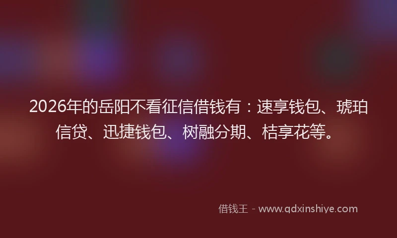 2026年的岳阳不看征信借钱有：速享钱包、琥珀信贷、迅捷钱包、树融分期、桔享花等。
