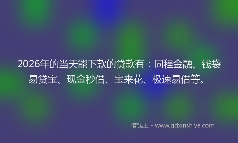 2026年的当天能下款的贷款有：同程金融、钱袋易贷宝、现金秒借、宝来花、极速易借等。