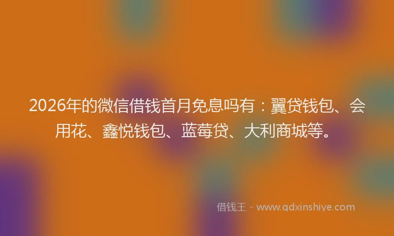 2026年的微信借钱首月免息吗有：翼贷钱包、会用花、鑫悦钱包、蓝莓贷、大利商城等。