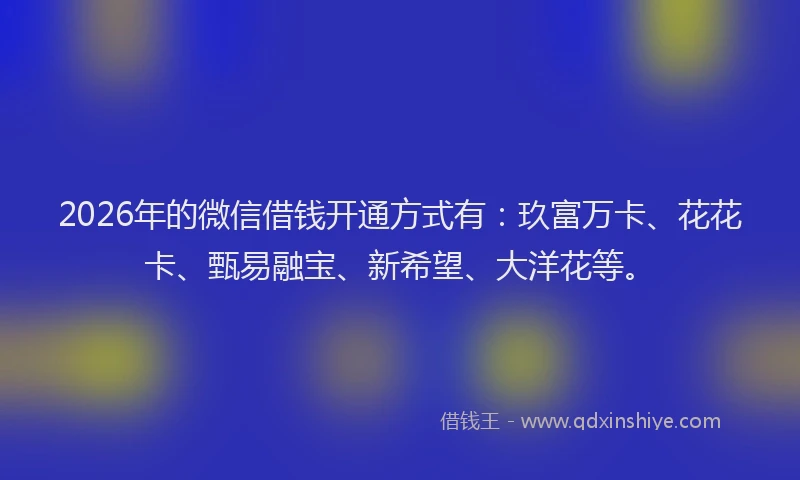 2026年的微信借钱开通方式有：玖富万卡、花花卡、甄易融宝、新希望、大洋花等。