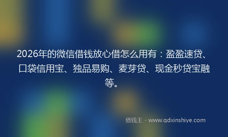 2026年的微信借钱放心借怎么用有：盈盈速贷、口袋信用宝、独品易购、麦芽贷、现金秒贷宝融等。