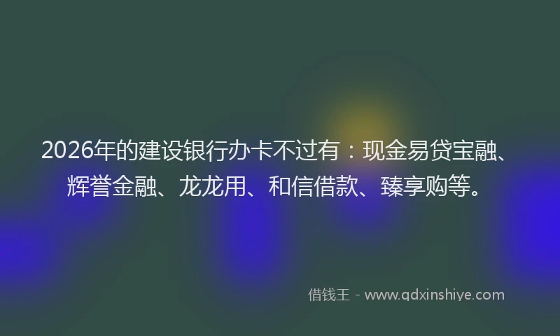 2026年的建设银行办卡不过有：现金易贷宝融、辉誉金融、龙龙用、和信借款、臻享购等。