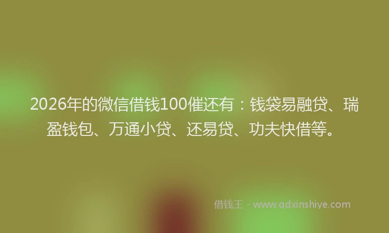2026年的微信借钱100催还有：钱袋易融贷、瑞盈钱包、万通小贷、还易贷、功夫快借等。