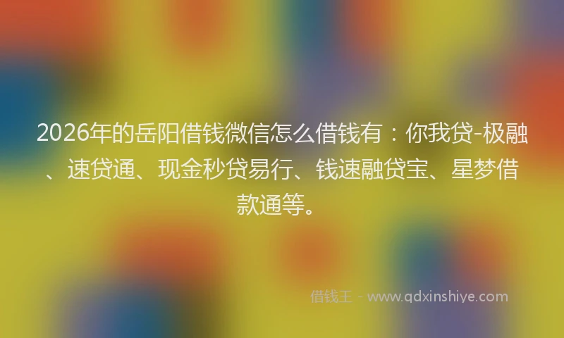 2026年的岳阳借钱微信怎么借钱有：你我贷-极融、速贷通、现金秒贷易行、钱速融贷宝、星梦借款通等。