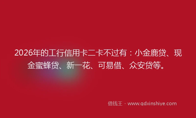 2026年的工行信用卡二卡不过有：小金鹿贷、现金蜜蜂贷、新一花、可易借、众安贷等。