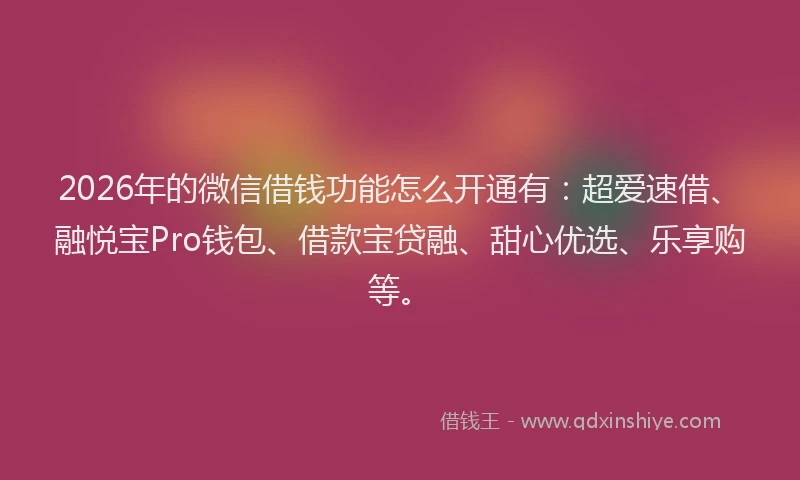 2026年的微信借钱功能怎么开通有：超爱速借、融悦宝Pro钱包、借款宝贷融、甜心优选、乐享购等。