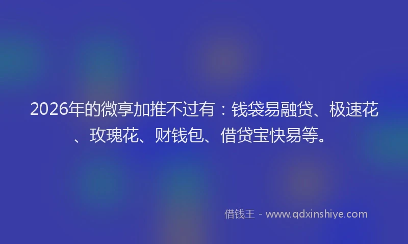 2026年的微享加推不过有：钱袋易融贷、极速花、玫瑰花、财钱包、借贷宝快易等。