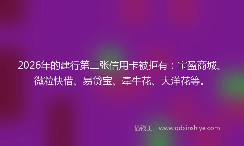 2026年的建行第二张信用卡被拒有：宝盈商城、微粒快借、易贷宝、牵牛花、大洋花等。