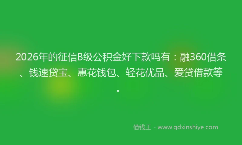 2026年的征信B级公积金好下款吗有：融360借条、钱速贷宝、惠花钱包、轻花优品、爱贷借款等。