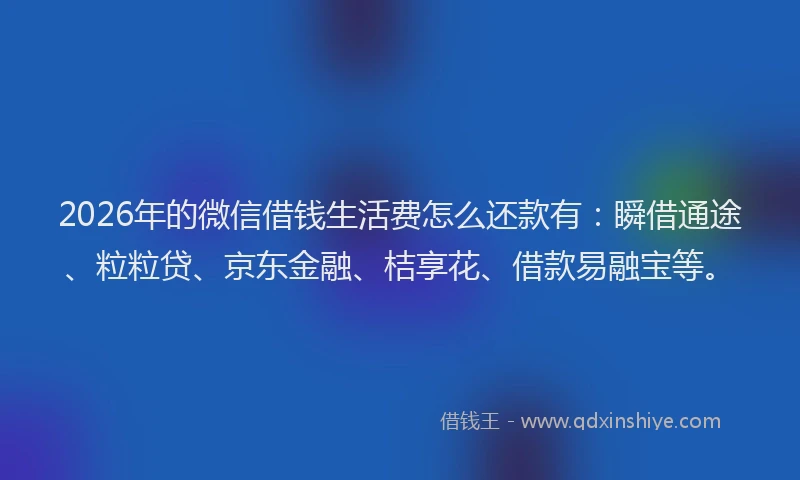 2026年的微信借钱生活费怎么还款有：瞬借通途、粒粒贷、京东金融、桔享花、借款易融宝等。