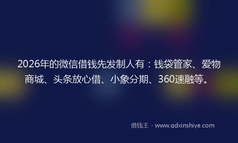 2026年的微信借钱先发制人有：钱袋管家、爱物商城、头条放心借、小象分期、360速融等。
