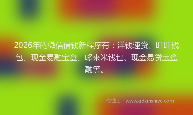 2026年的微信借钱新程序有：洋钱速贷、旺旺钱包、现金易融宝盒、哆来米钱包、现金易贷宝盒融等。