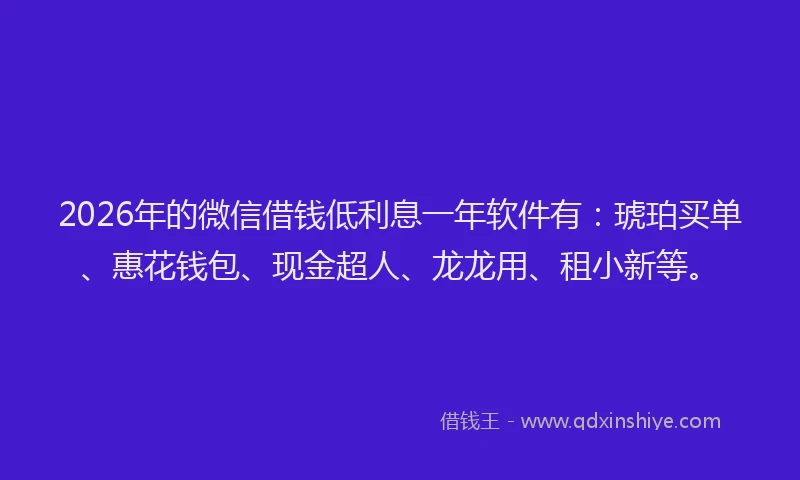 2026年的微信借钱低利息一年软件有：琥珀买单、惠花钱包、现金超人、龙龙用、租小新等。