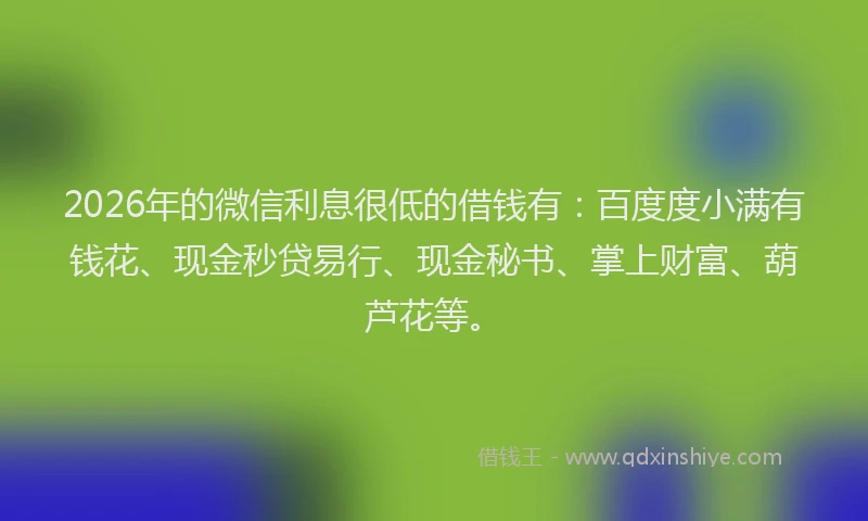 2026年的微信利息很低的借钱有：百度度小满有钱花、现金秒贷易行、现金秘书、掌上财富、葫芦花等。