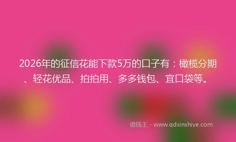 2026年的征信花能下款5万的口子有：橄榄分期、轻花优品、拍拍用、多多钱包、宜口袋等。