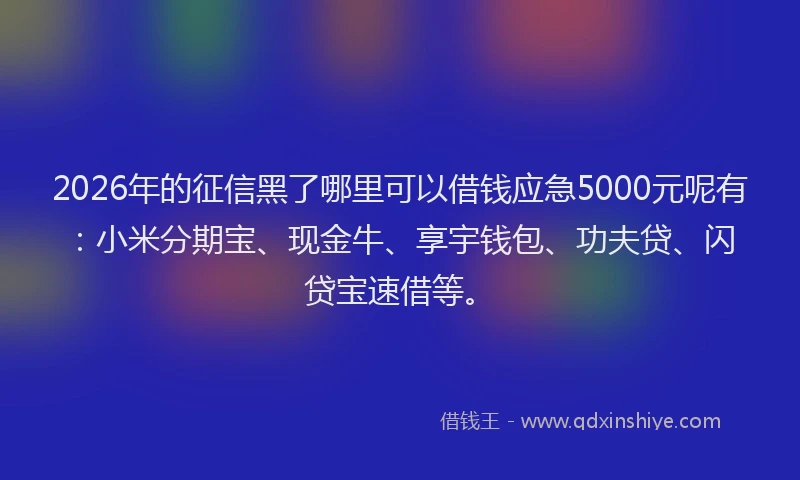 2026年的征信黑了哪里可以借钱应急5000元呢有：小米分期宝、现金牛、享宇钱包、功夫贷、闪贷宝速借等。