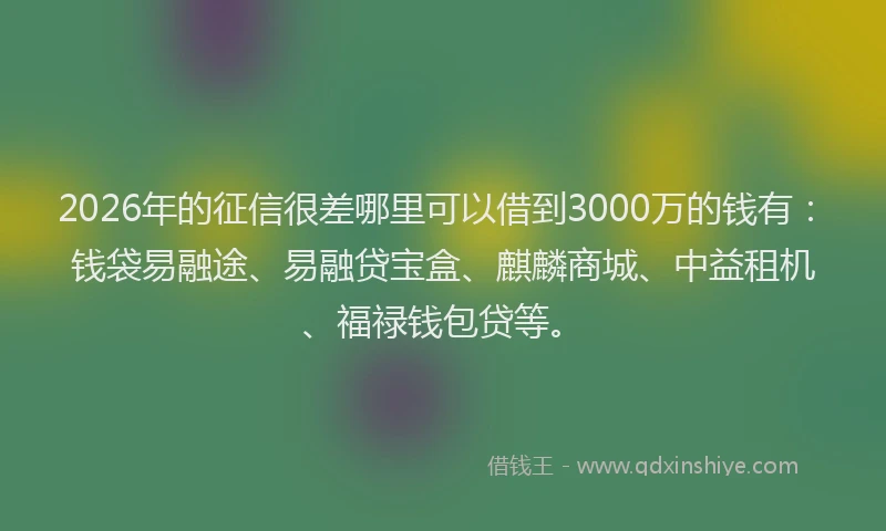 2026年的征信很差哪里可以借到3000万的钱有：钱袋易融途、易融贷宝盒、麒麟商城、中益租机、福禄钱包贷等。