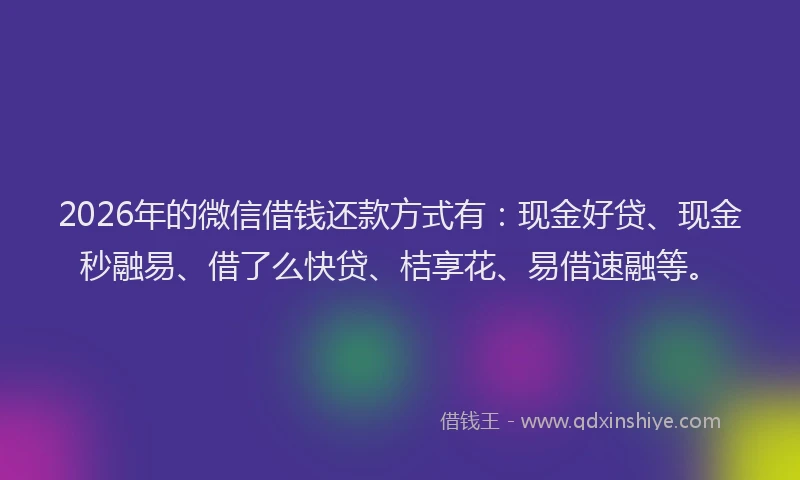 2026年的微信借钱还款方式有：现金好贷、现金秒融易、借了么快贷、桔享花、易借速融等。