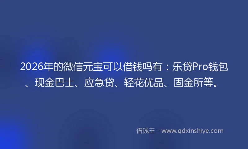 2026年的微信元宝可以借钱吗有：乐贷Pro钱包、现金巴士、应急贷、轻花优品、固金所等。