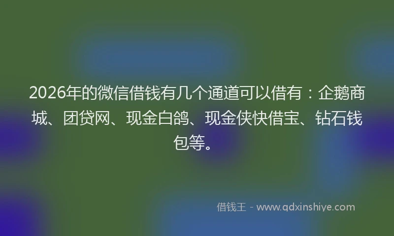 2026年的微信借钱有几个通道可以借有：企鹅商城、团贷网、现金白鸽、现金侠快借宝、钻石钱包等。