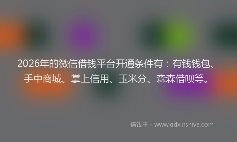 2026年的微信借钱平台开通条件有：有钱钱包、手中商城、掌上信用、玉米分、森森借呗等。
