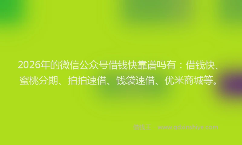 2026年的微信公众号借钱快靠谱吗有：借钱快、蜜桃分期、拍拍速借、钱袋速借、优米商城等。