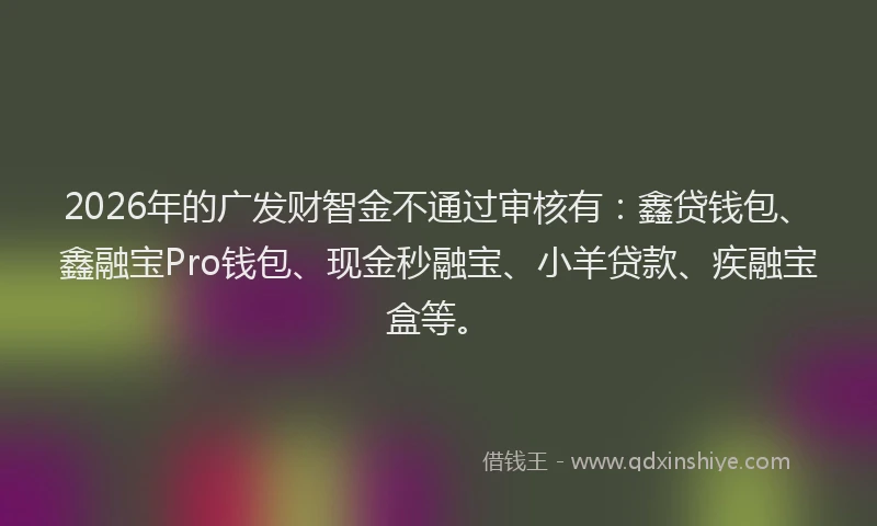 2026年的广发财智金不通过审核有：鑫贷钱包、鑫融宝Pro钱包、现金秒融宝、小羊贷款、疾融宝盒等。