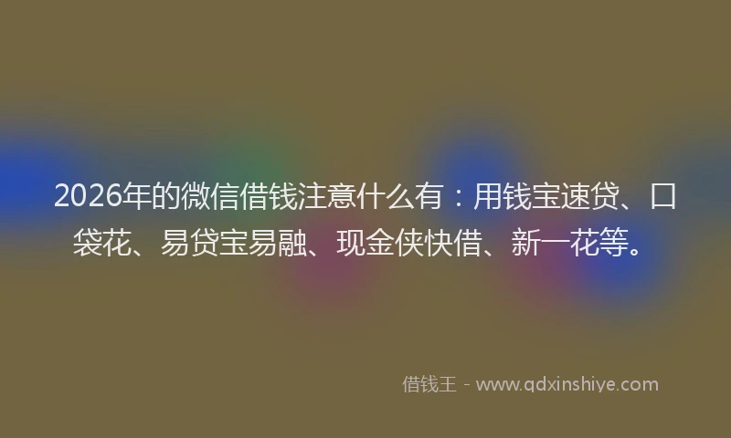 2026年的微信借钱注意什么有：用钱宝速贷、口袋花、易贷宝易融、现金侠快借、新一花等。