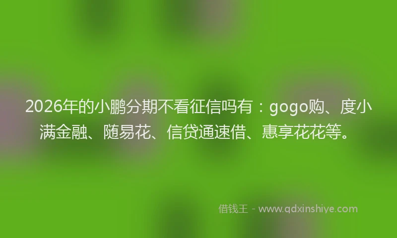 2026年的小鹏分期不看征信吗有:gogo购、度小满金融、随易花、信贷通速借、惠享花花等。