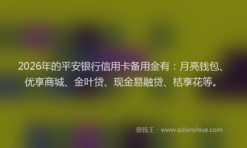 2026年的平安银行信用卡备用金有：月亮钱包、优享商城、金叶贷、现金易融贷、桔享花等。