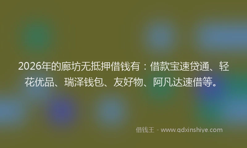 2026年的廊坊无抵押借钱有：借款宝速贷通、轻花优品、瑞泽钱包、友好物、阿凡达速借等。