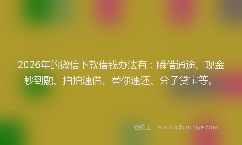 2026年的微信下款借钱办法有：瞬借通途、现金秒到融、拍拍速借、替你速还、分子贷宝等。