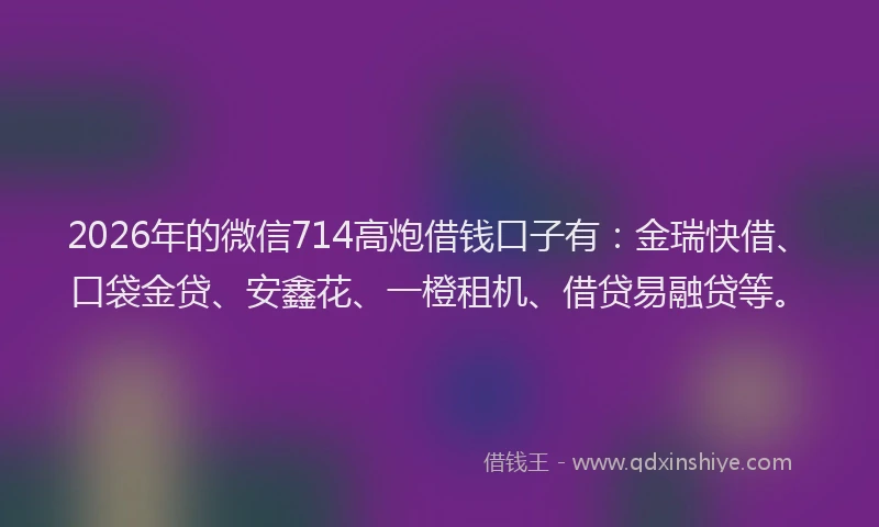 2026年的微信714高炮借钱口子有：金瑞快借、口袋金贷、安鑫花、一橙租机、借贷易融贷等。