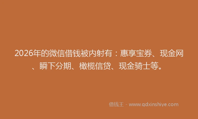 2026年的微信借钱被内射有：惠享宝券、现金网、瞬下分期、橄榄信贷、现金骑士等。