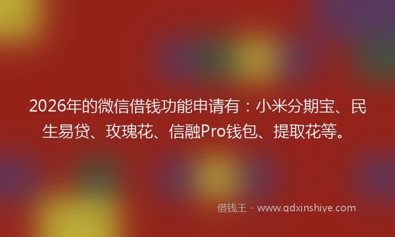 2026年的微信借钱功能申请有：小米分期宝、民生易贷、玫瑰花、信融Pro钱包、提取花等。