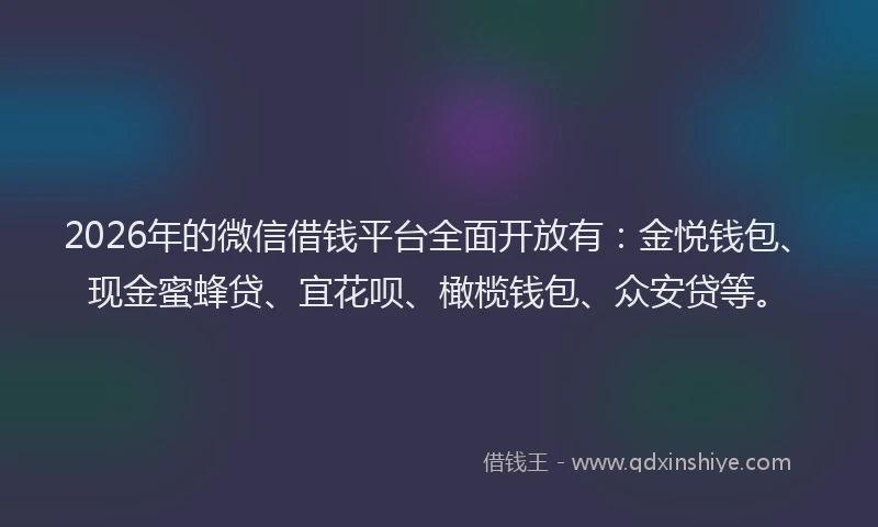 2026年的微信借钱平台全面开放有：金悦钱包、现金蜜蜂贷、宜花呗、橄榄钱包、众安贷等。